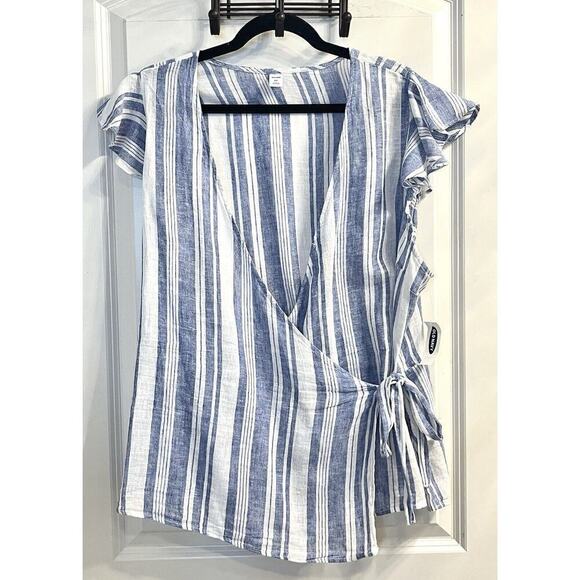 Old Navy Linen Blend Wrap Blouse Size XXL 2XL Nautical Striped Flutter Sleeves - Picture 1 of 7
